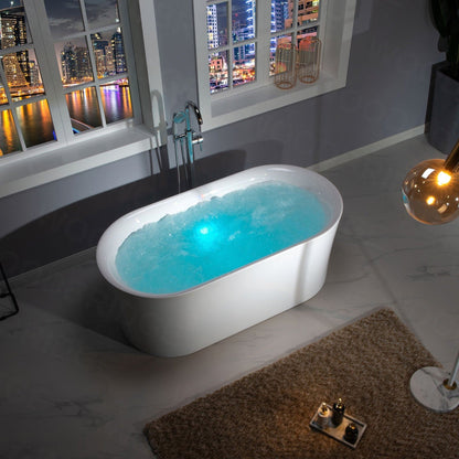 WoodBridge 59" White Acrylic Freestanding Air Bubble Soaking Bathtub With Brushed Nickel Drain, Overflow, F0070BNDR Tub Filler and Caddy Tray