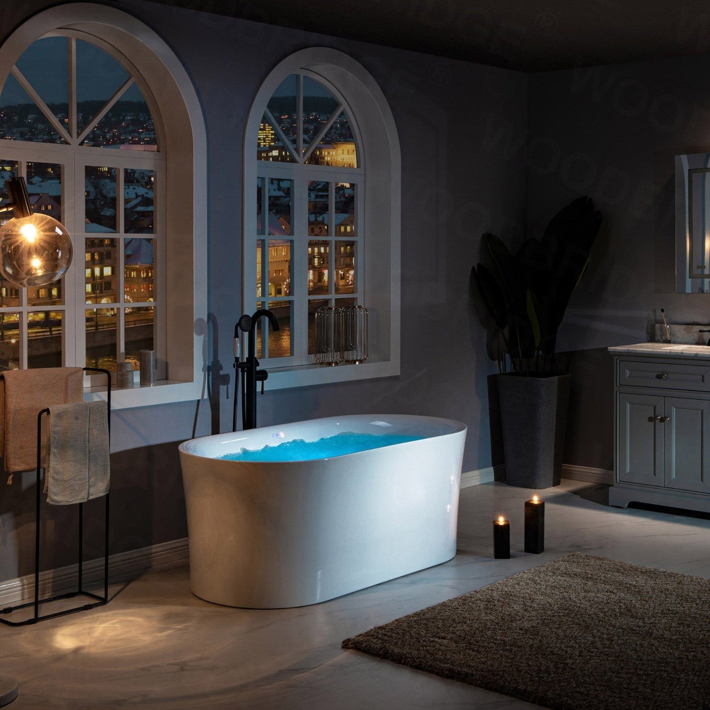 WoodBridge 59" White Acrylic Freestanding Air Bubble Soaking Bathtub With Brushed Nickel Drain, Overflow, F0070BNDR Tub Filler and Caddy Tray