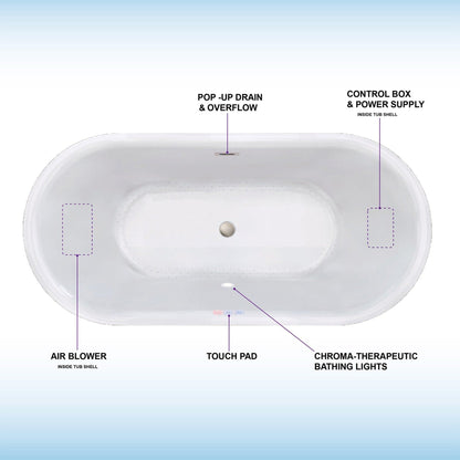 WoodBridge 59" White Acrylic Freestanding Air Bubble Soaking Bathtub With Brushed Nickel Drain, Overflow, F0070BNDR Tub Filler and Caddy Tray