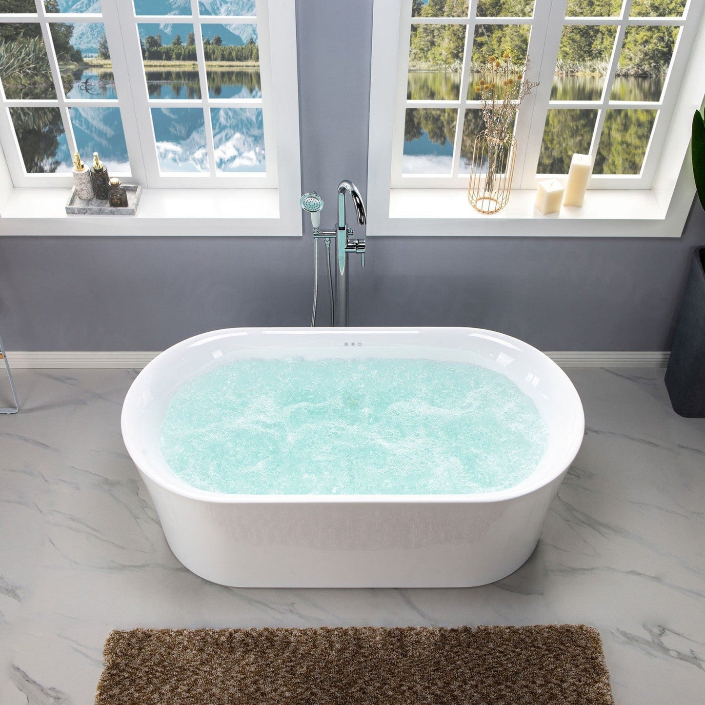 WoodBridge 59" White Acrylic Freestanding Air Bubble Soaking Bathtub With Brushed Nickel Drain, Overflow, F0070BNDR Tub Filler and Caddy Tray