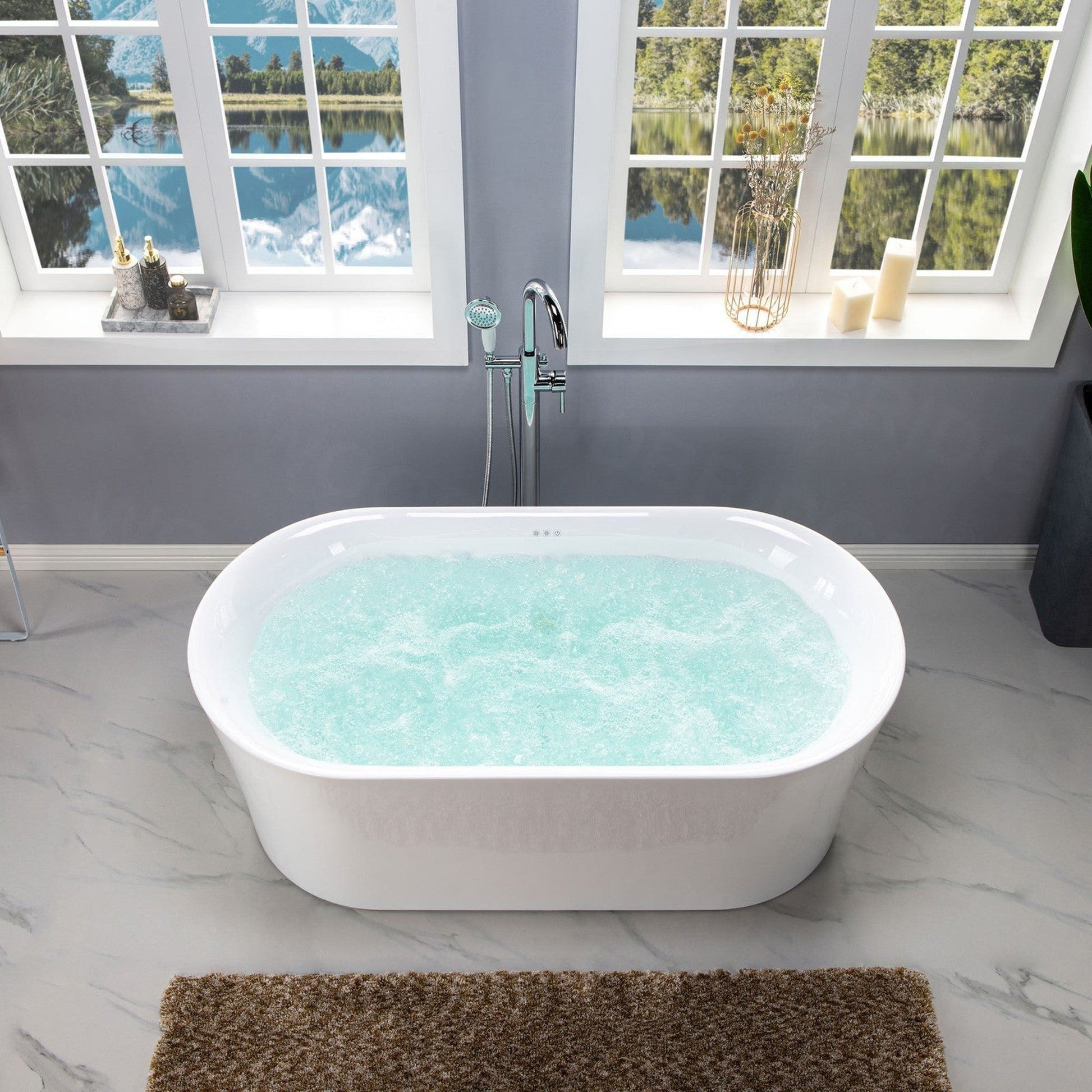 WoodBridge 59" White Acrylic Freestanding Air Bubble Soaking Bathtub With Brushed Nickel Drain, Overflow, F0070BNDR Tub Filler and Caddy Tray