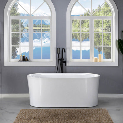 WoodBridge 59" White Acrylic Freestanding Air Bubble Soaking Bathtub With Brushed Nickel Drain, Overflow, F0070BNDR Tub Filler and Caddy Tray