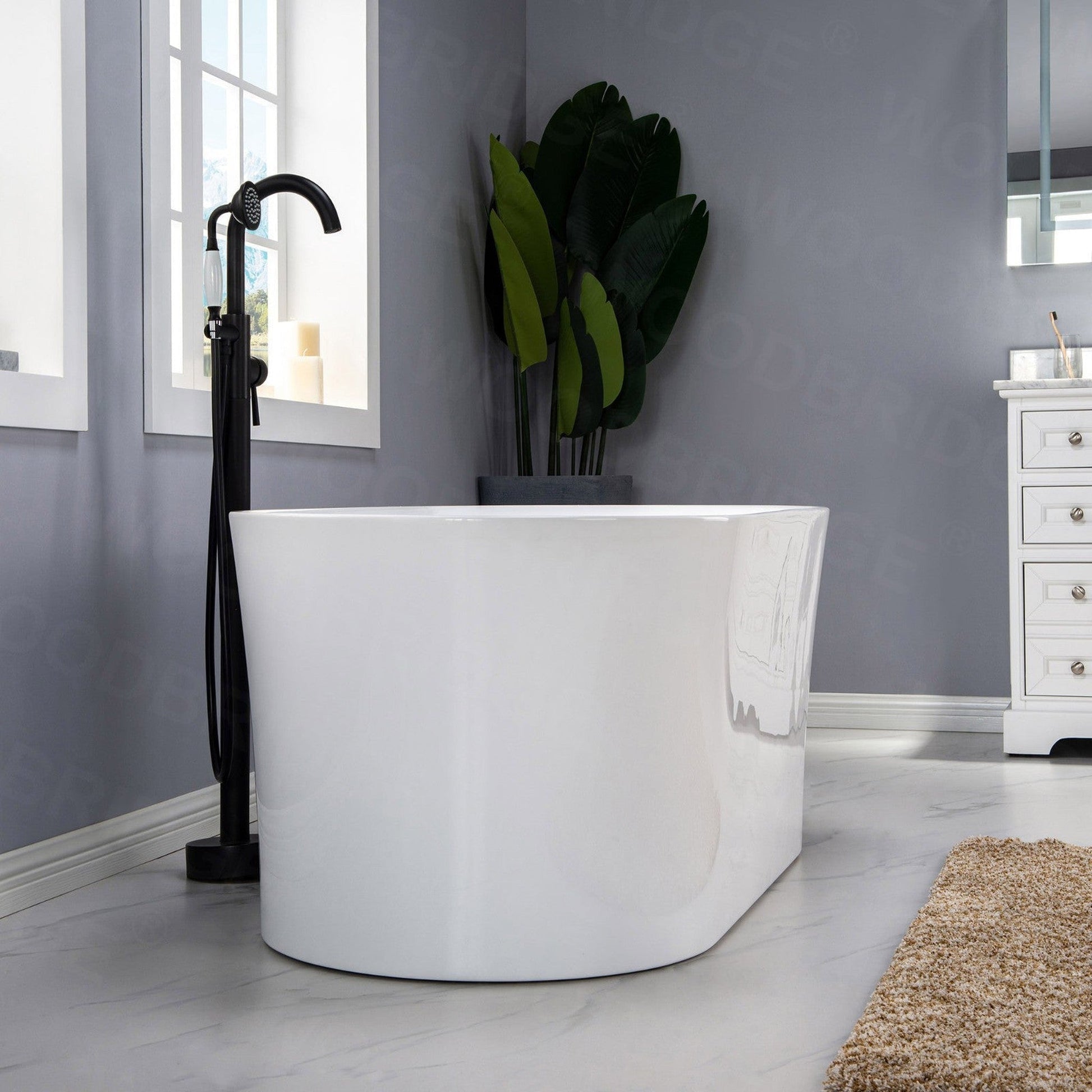 WoodBridge 59" White Acrylic Freestanding Air Bubble Soaking Bathtub With Brushed Nickel Drain, Overflow, F0070BNDR Tub Filler and Caddy Tray