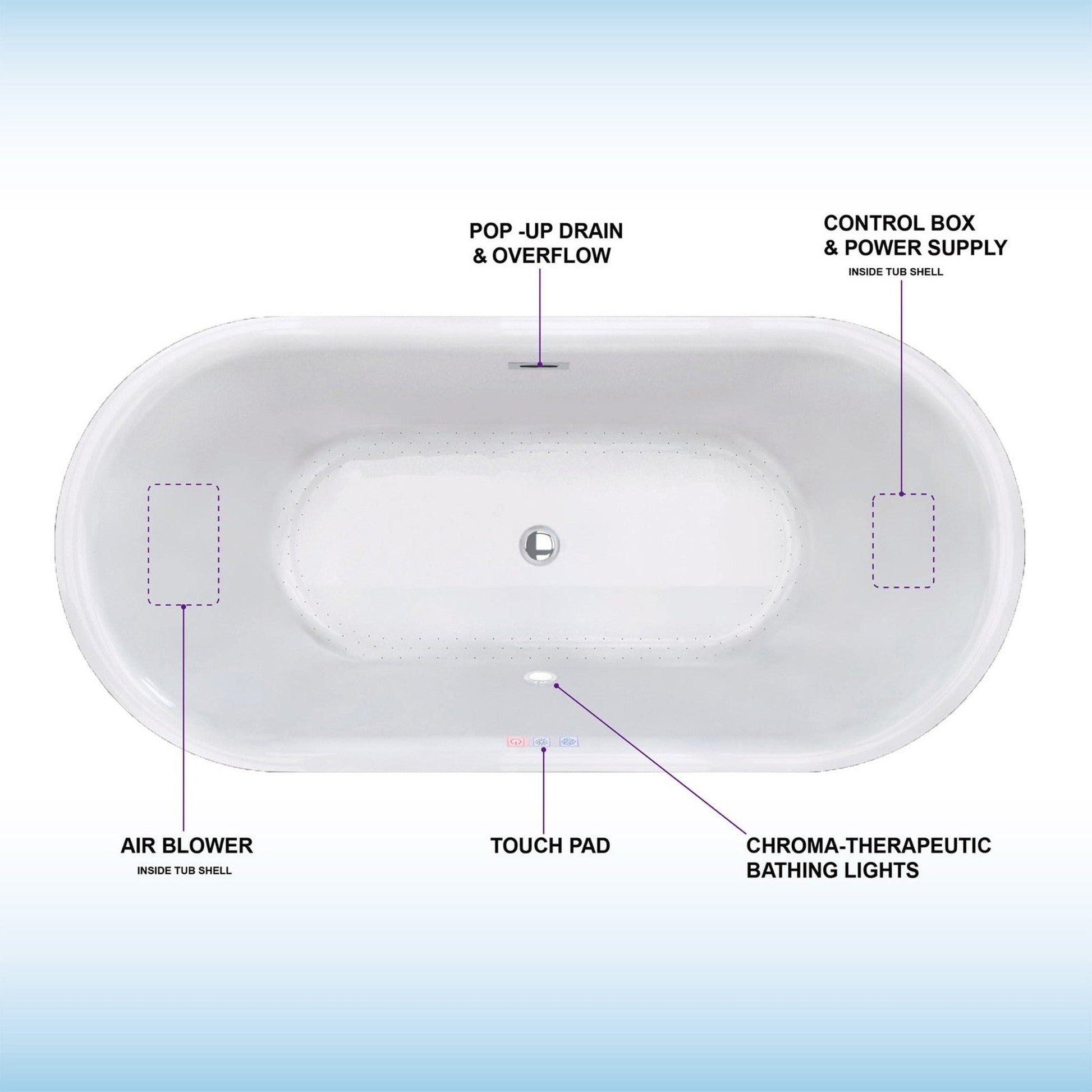 WoodBridge 59" White Acrylic Freestanding Air Bubble Soaking Bathtub With Chrome Drain, Overflow, F-0004 Tub Filler and Caddy Tray