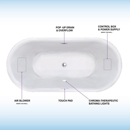 WoodBridge 59" White Acrylic Freestanding Air Bubble Soaking Bathtub With Chrome Drain, Overflow, F-0004 Tub Filler and Caddy Tray