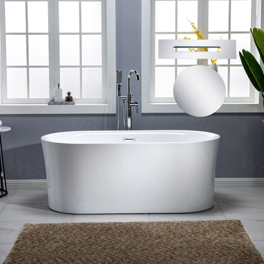 WoodBridge 59" White Acrylic Freestanding Air Bubble Soaking Bathtub With Chrome Drain, Overflow, F-0004 Tub Filler and Caddy Tray