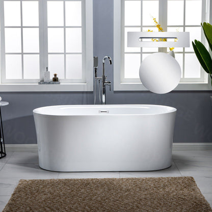 WoodBridge 59" White Acrylic Freestanding Air Bubble Soaking Bathtub With Chrome Drain, Overflow, F0002CHRD Tub Filler and Caddy Tray