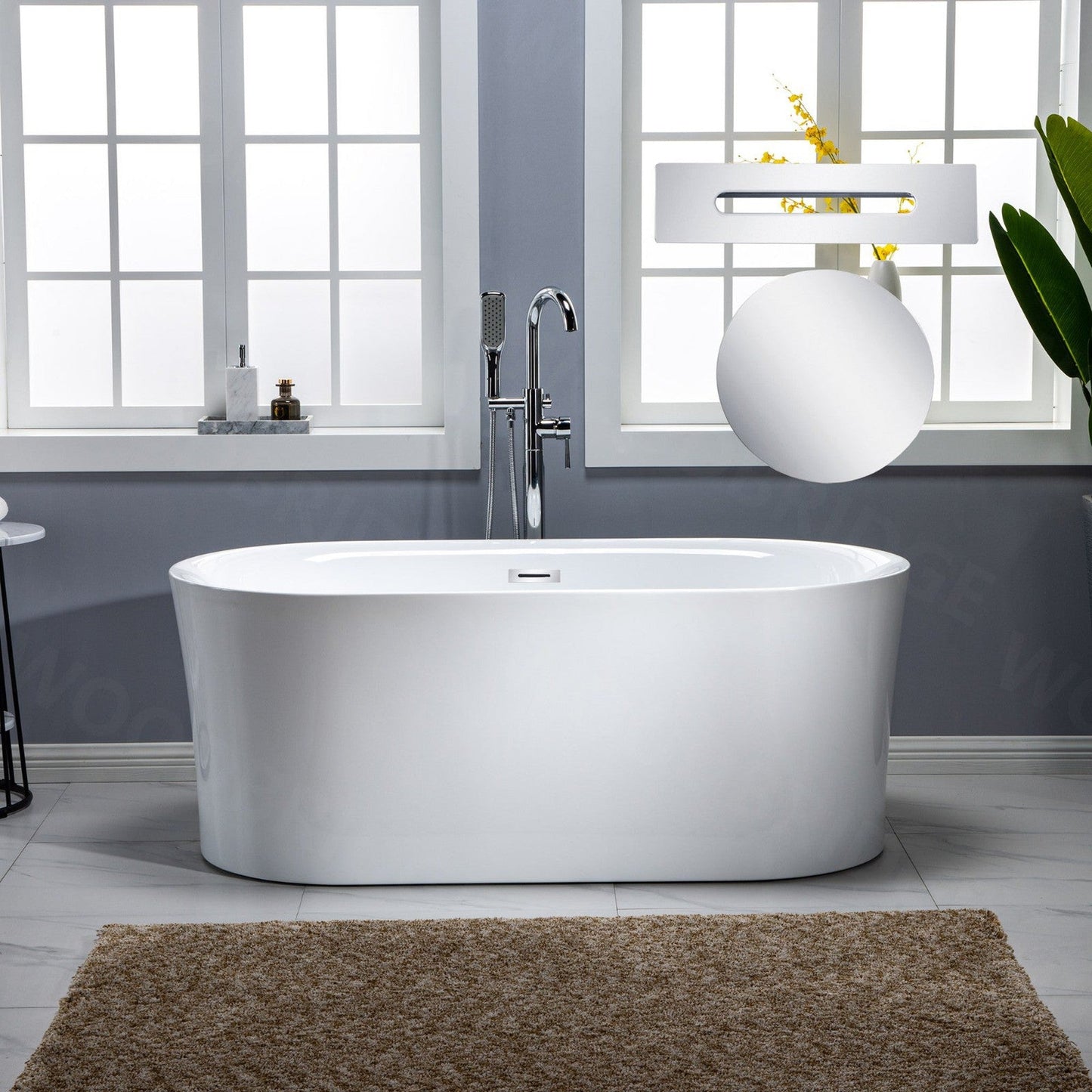 WoodBridge 59" White Acrylic Freestanding Air Bubble Soaking Bathtub With Chrome Drain, Overflow, F0002CHVT Tub Filler and Caddy Tray