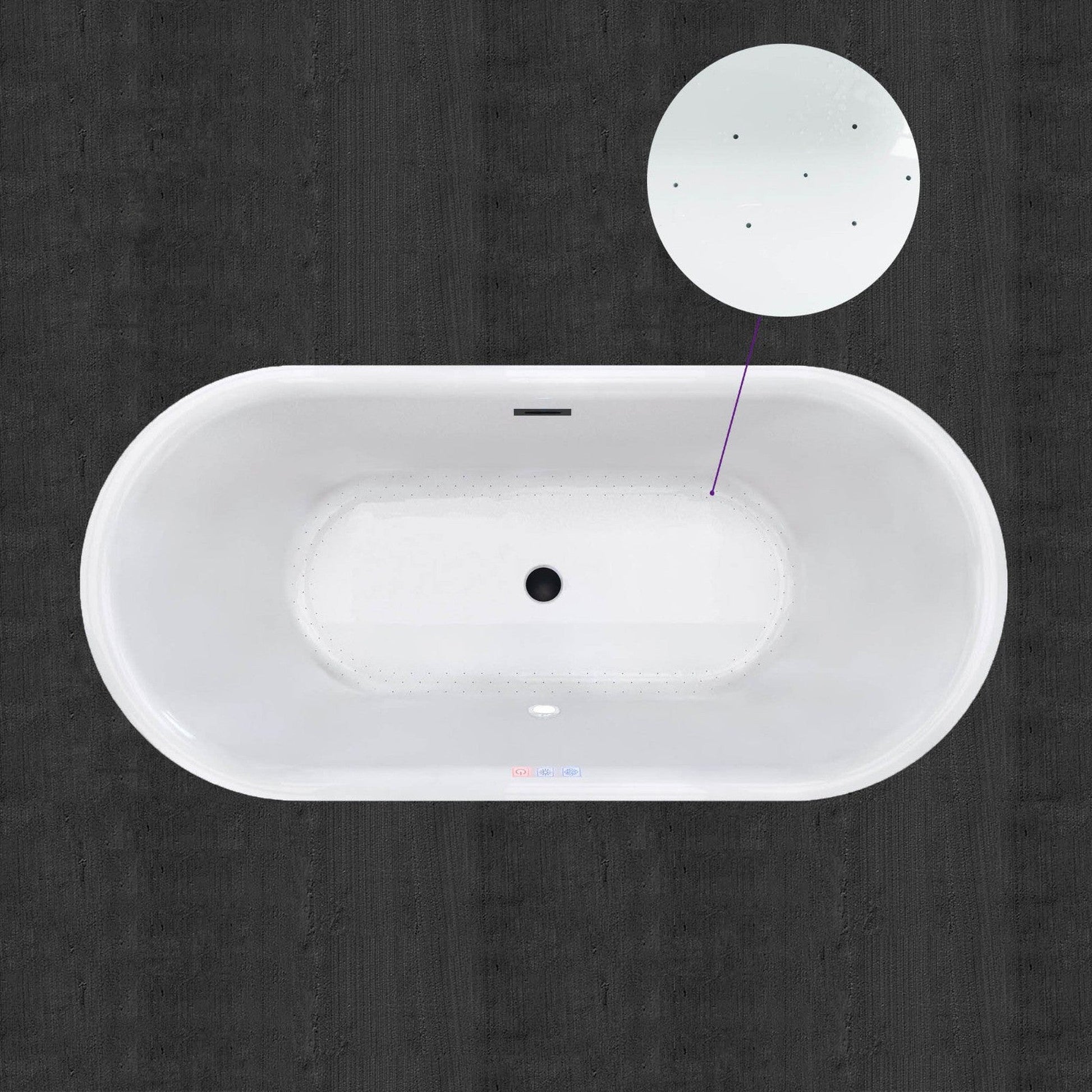 WoodBridge 59" White Acrylic Freestanding Air Bubble Soaking Bathtub With Matte Black Drain, Overflow, F0006MBRD Tub Filler and Caddy Tray