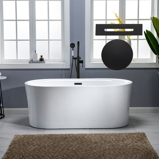 WoodBridge 59" White Acrylic Freestanding Air Bubble Soaking Bathtub With Matte Black Drain, Overflow, F0006MBRD Tub Filler and Caddy Tray