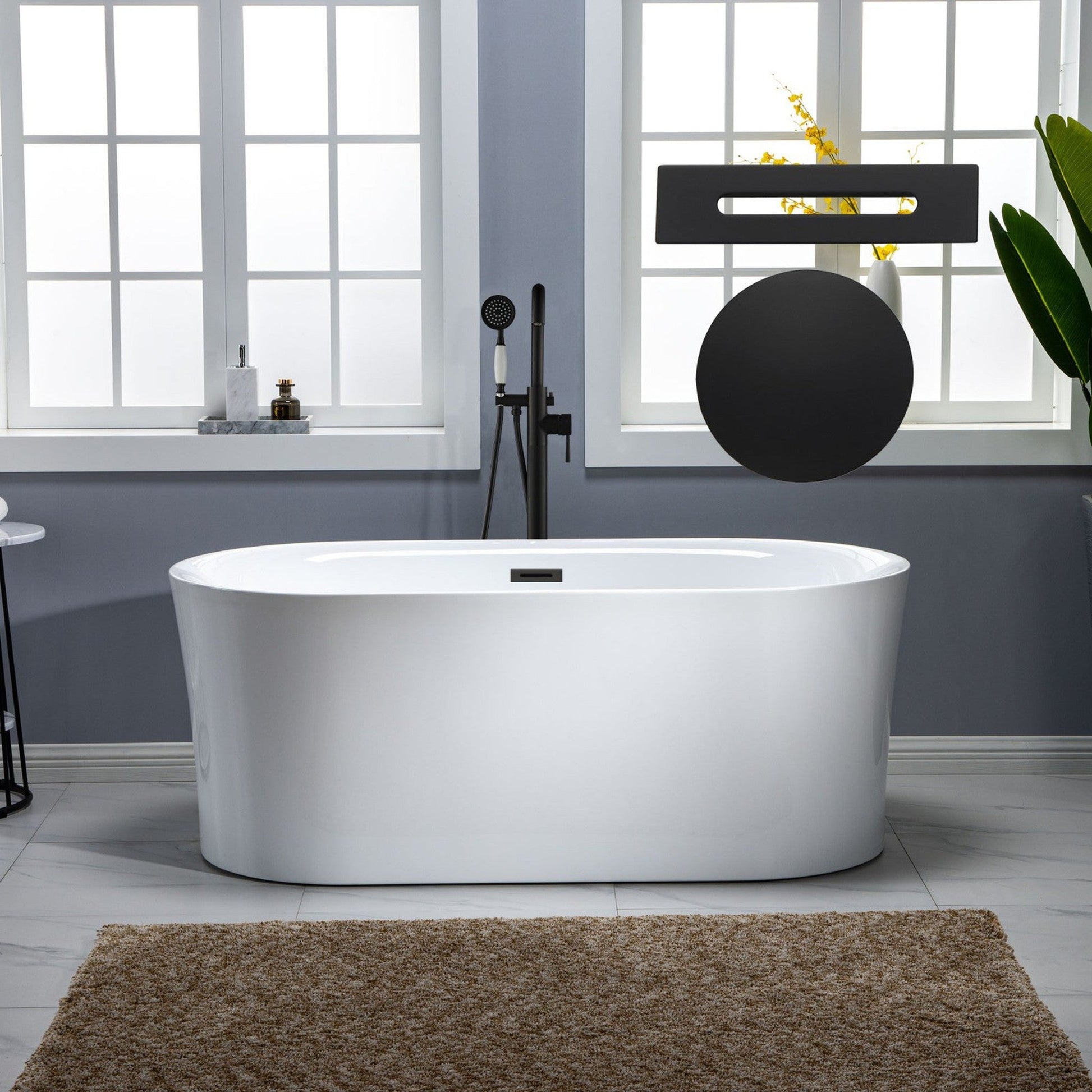 WoodBridge 59" White Acrylic Freestanding Air Bubble Soaking Bathtub With Matte Black Drain, Overflow, F0006MBSQ Tub Filler and Caddy Tray