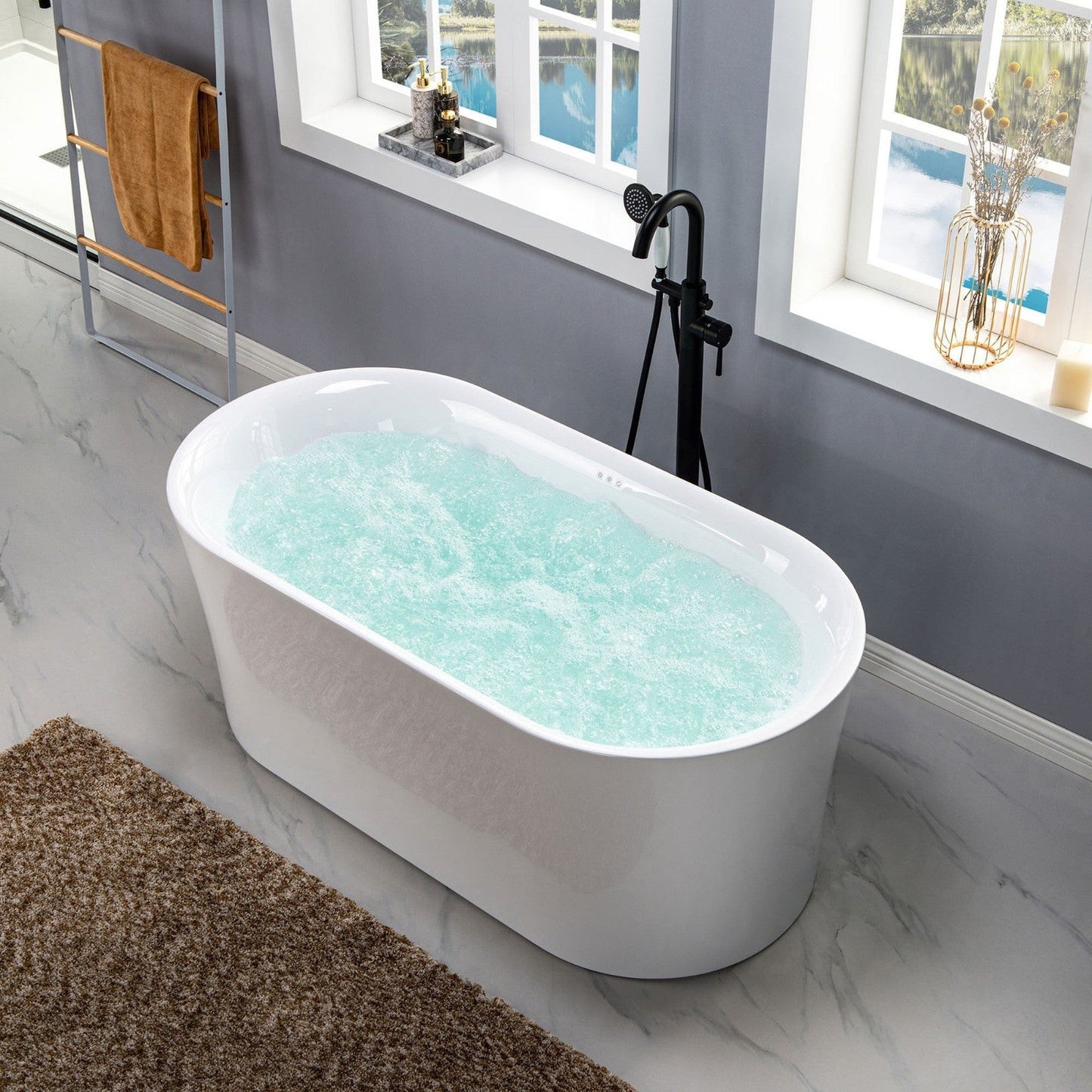 WoodBridge 59" White Acrylic Freestanding Air Bubble Soaking Bathtub With Matte Black Drain, Overflow, F0006MBVT Tub filler and Caddy Tray