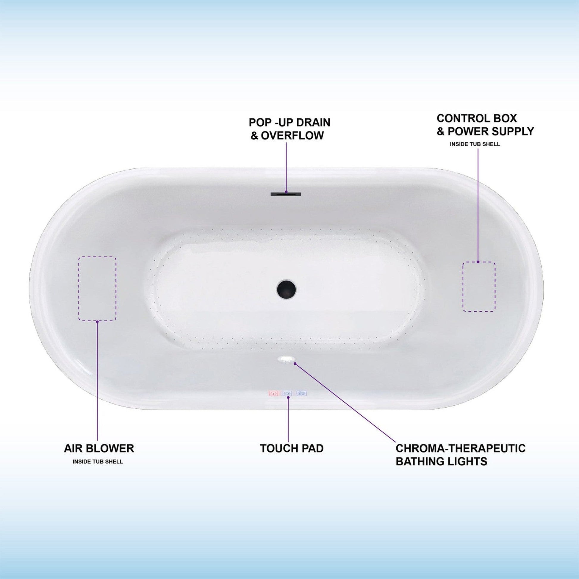 WoodBridge 59" White Acrylic Freestanding Air Bubble Soaking Bathtub With Matte Black Drain, Overflow, F0009 Tub Filler and Caddy Tray