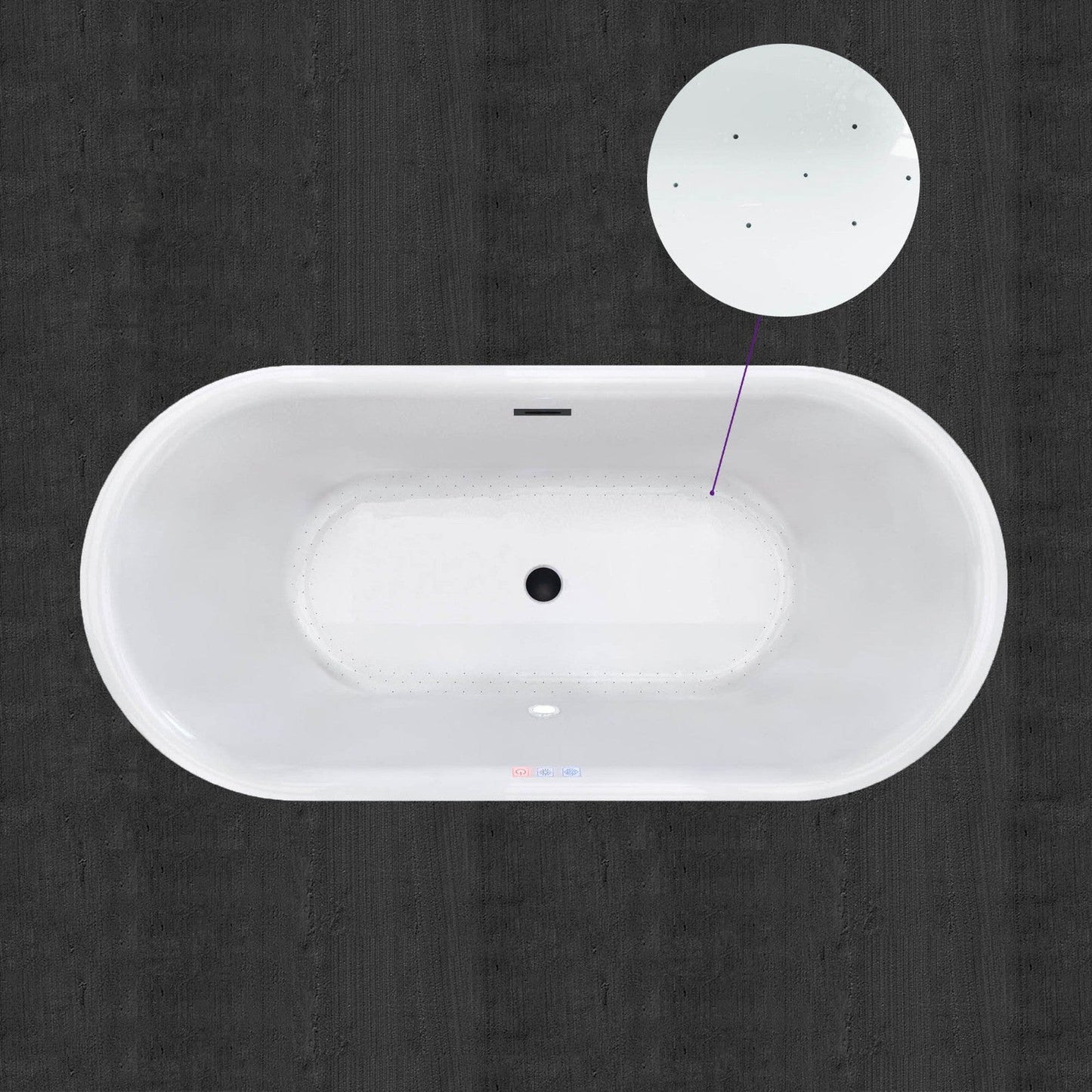 WoodBridge 59" White Acrylic Freestanding Air Bubble Soaking Bathtub With Matte Black Drain, Overflow, F0025MBRD Tub Filler and Caddy Tray