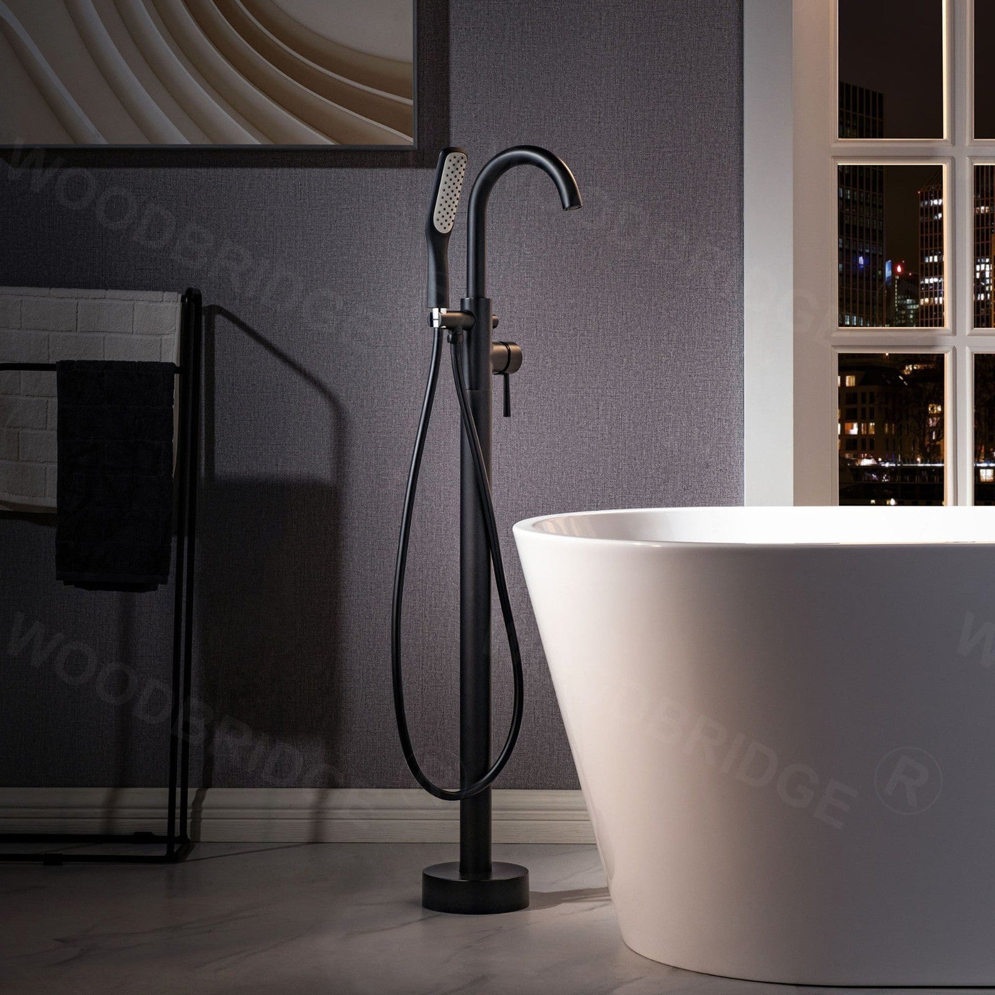 WoodBridge 59" White Acrylic Freestanding Air Bubble Soaking Bathtub With Matte Black Drain, Overflow, F0025MBSQ Tub Filler and Caddy Tray