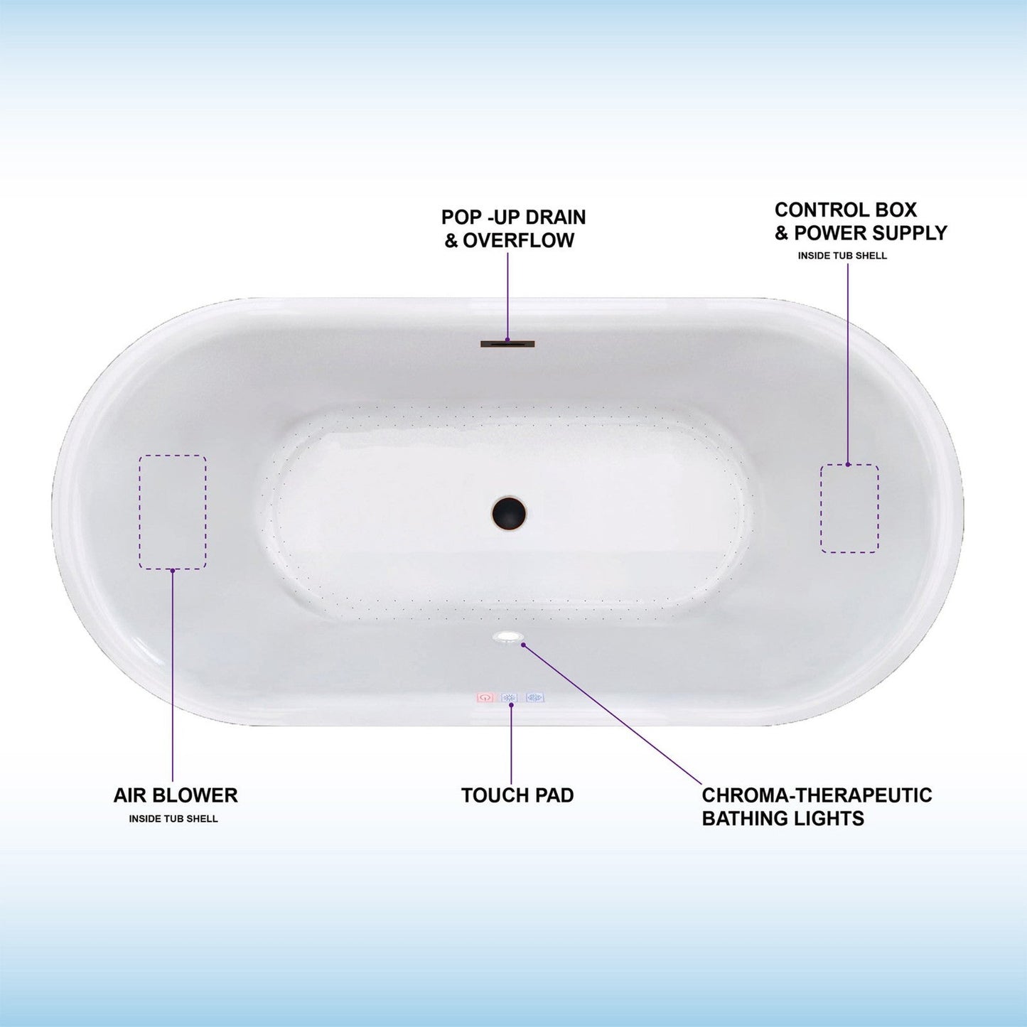 WoodBridge 59" White Acrylic Freestanding Air Bubble Soaking Bathtub With Oil Rubbed Bronze Overflow and Drain Finish