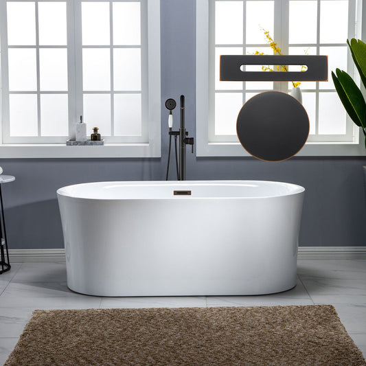 WoodBridge 59" White Acrylic Freestanding Air Bubble Soaking Bathtub With Oil Rubbed Bronze Overflow and Drain Finish