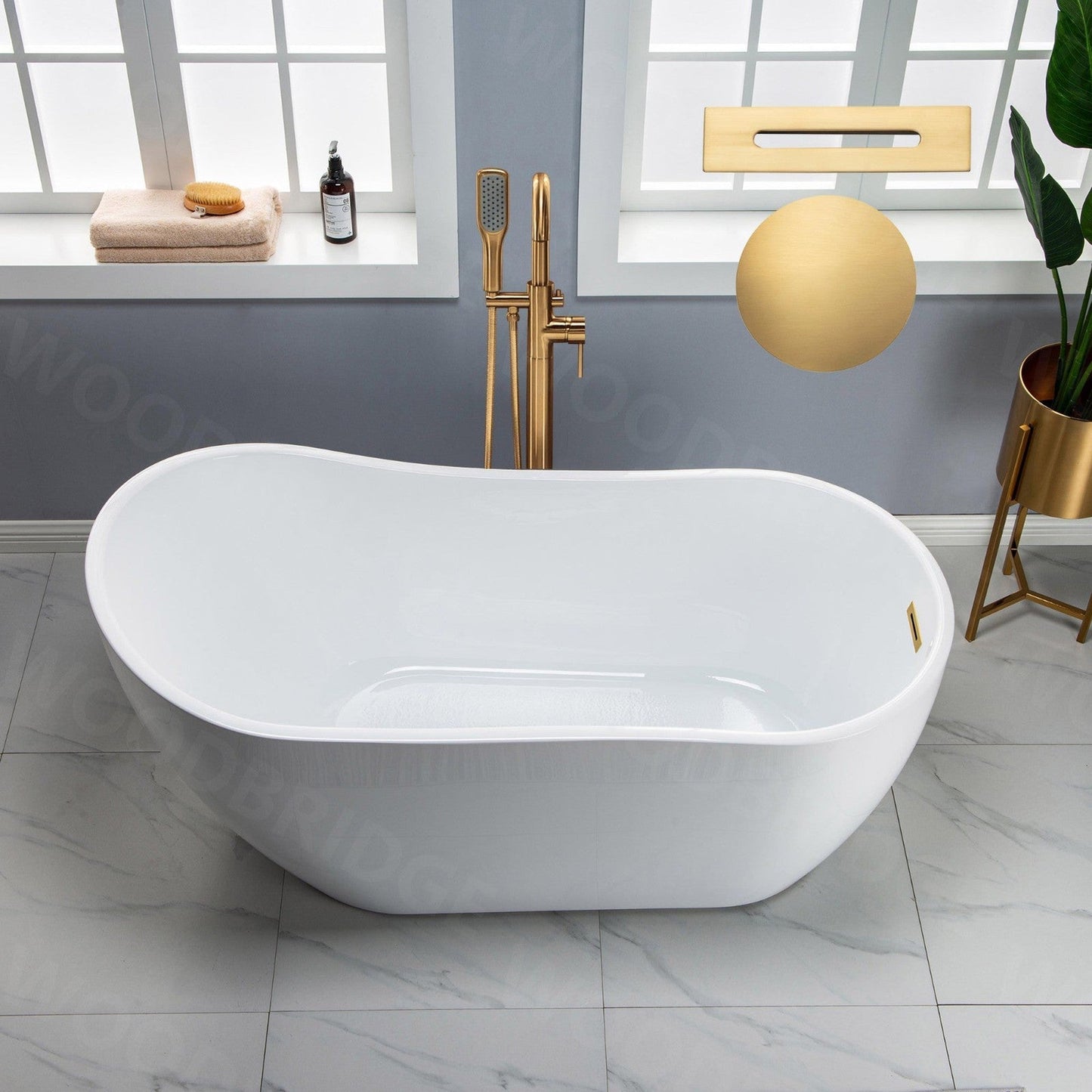 WoodBridge 59" White Acrylic Freestanding Soaking Bathtub With Brushed Gold Drain, Overflow, F-0007BGRD Tub Filler and Caddy Tray