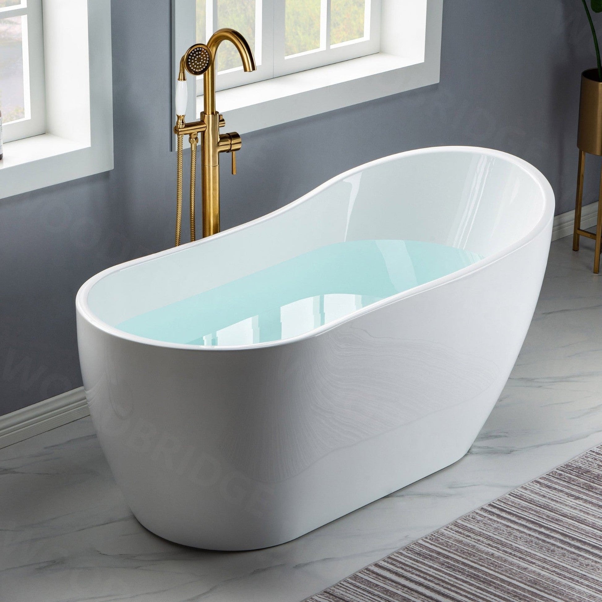 WoodBridge 59" White Acrylic Freestanding Soaking Bathtub With Brushed Gold Drain, Overflow, F-0007BGRD Tub Filler and Caddy Tray