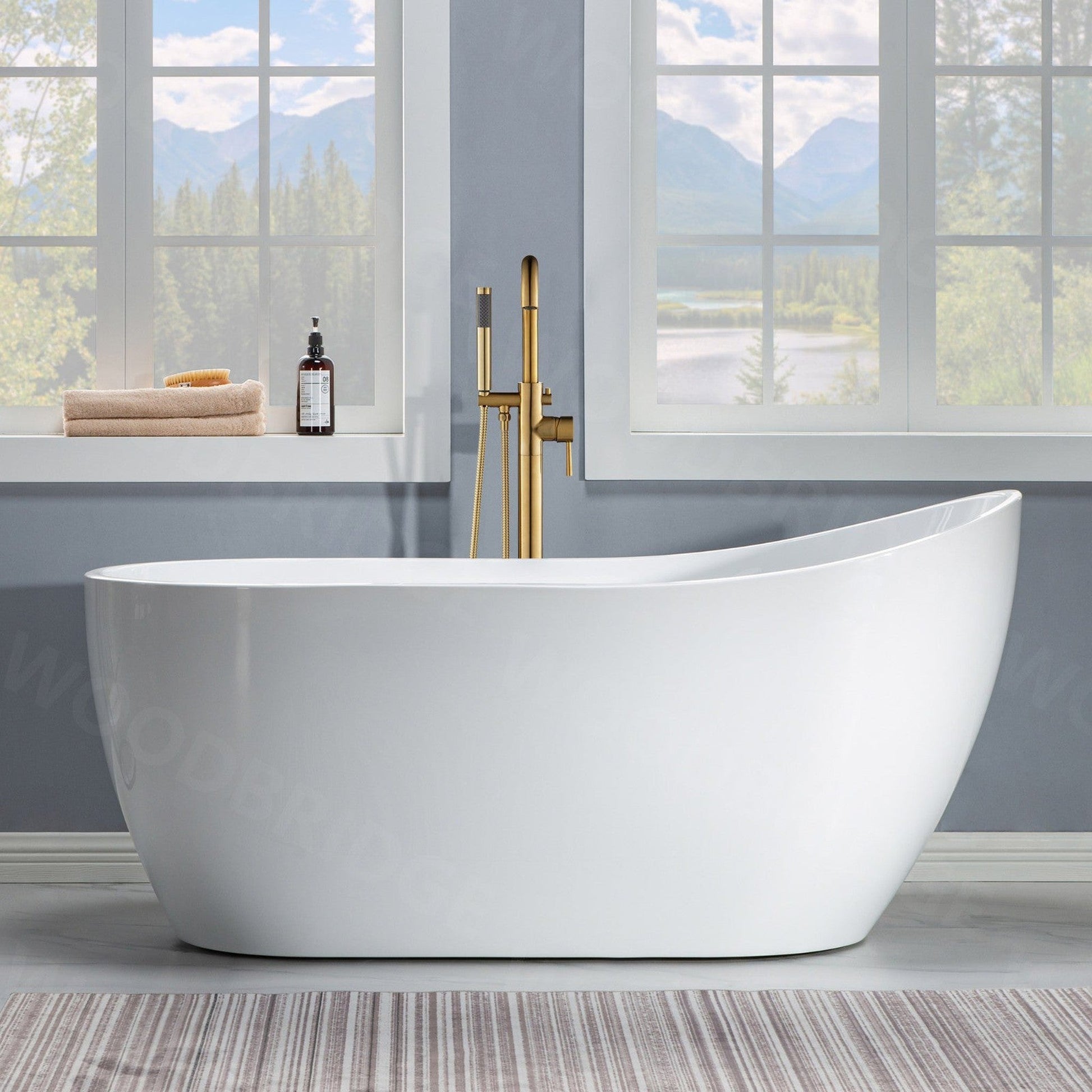 WoodBridge 59" White Acrylic Freestanding Soaking Bathtub With Brushed Gold Drain, Overflow, F-0007BGRD Tub Filler and Caddy Tray