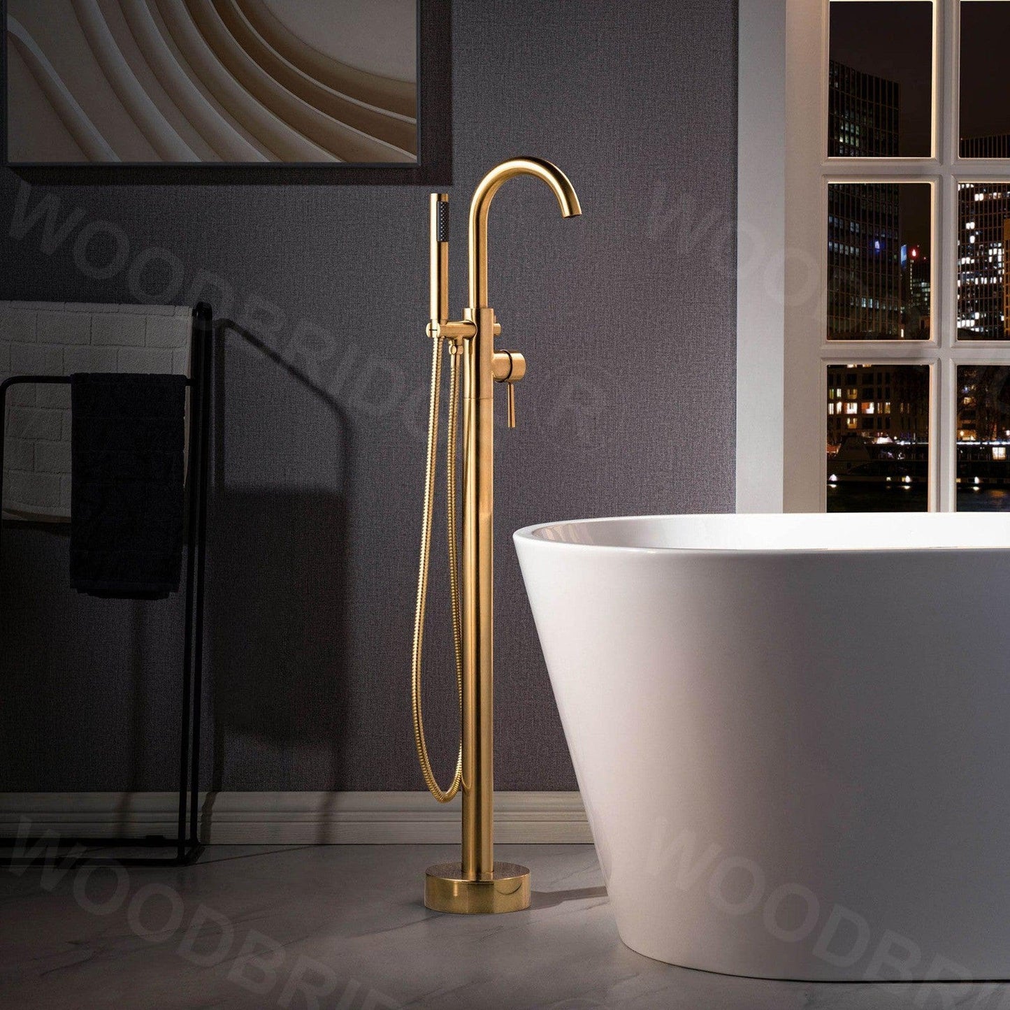 WoodBridge 59" White Acrylic Freestanding Soaking Bathtub With Brushed Gold Drain, Overflow, F0026BGRD Tub Filler and Caddy Tray