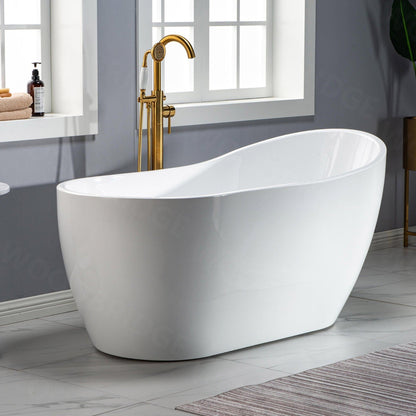 WoodBridge 59" White Acrylic Freestanding Soaking Bathtub With Brushed Gold Drain, Overflow, F0026BGRD Tub Filler and Caddy Tray