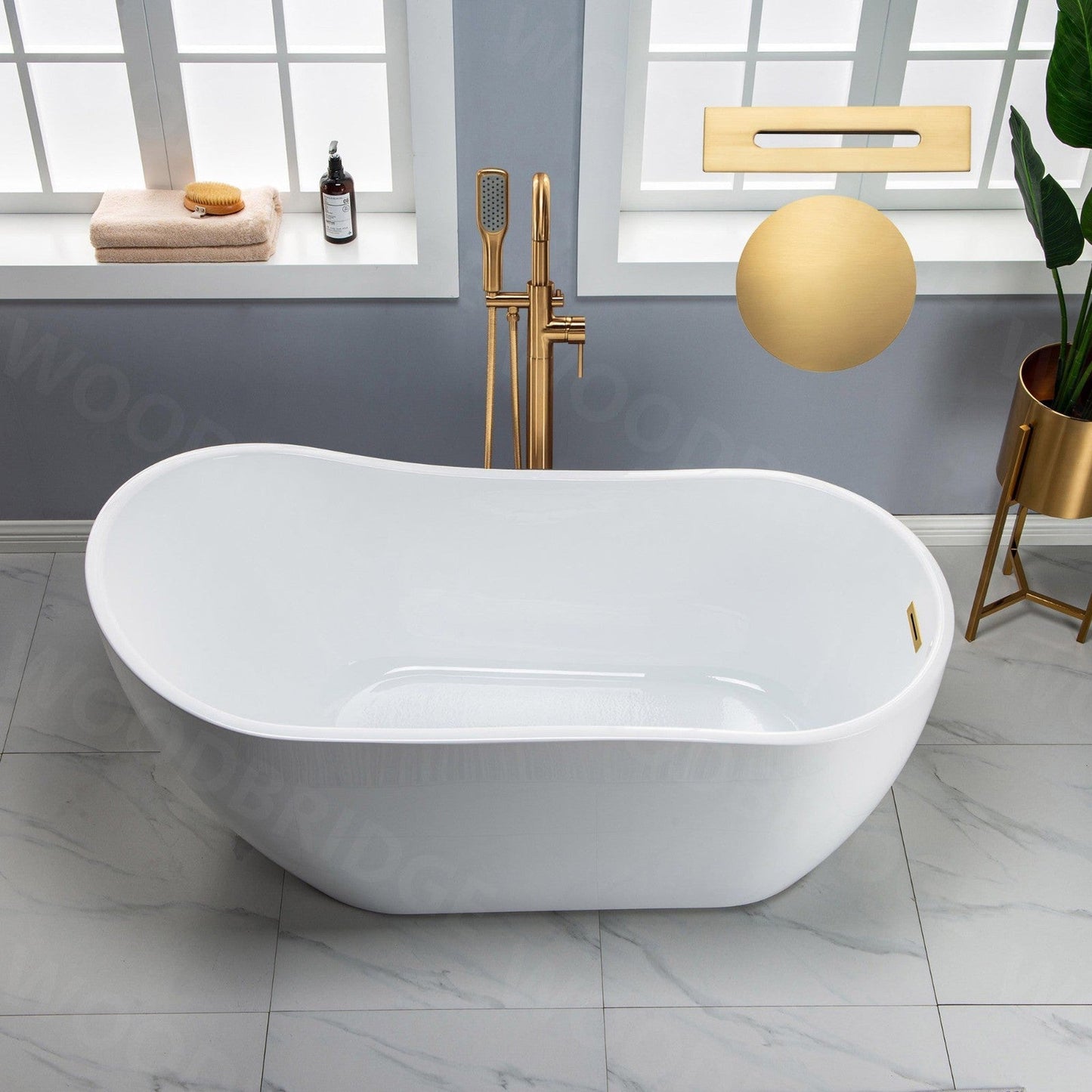 WoodBridge 59" White Acrylic Freestanding Soaking Bathtub With Brushed Gold Drain, Overflow, F0026BGRD Tub Filler and Caddy Tray