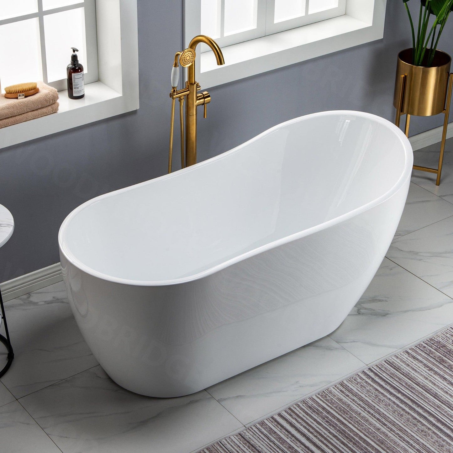 WoodBridge 59" White Acrylic Freestanding Soaking Bathtub With Brushed Gold Drain, Overflow, F0026BGRD Tub Filler and Caddy Tray