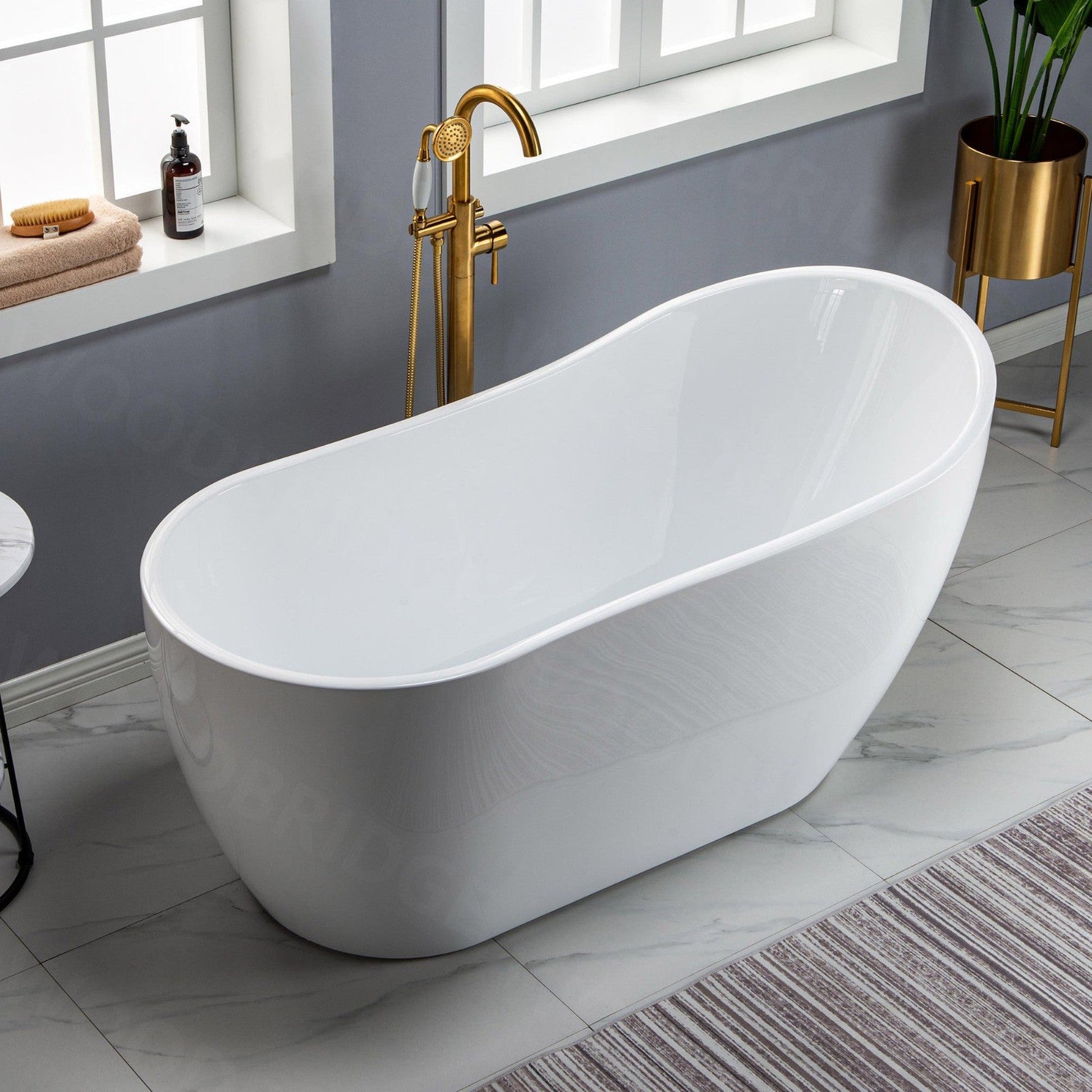 WoodBridge 59" White Acrylic Freestanding Soaking Bathtub With Brushed Gold Drain, Overflow, F0026BGRD Tub Filler and Caddy Tray