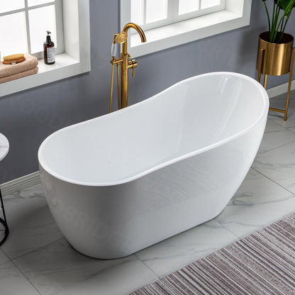 WoodBridge 59" White Acrylic Freestanding Soaking Bathtub With Brushed Gold Drain, Overflow, F0026BGRD Tub Filler and Caddy Tray