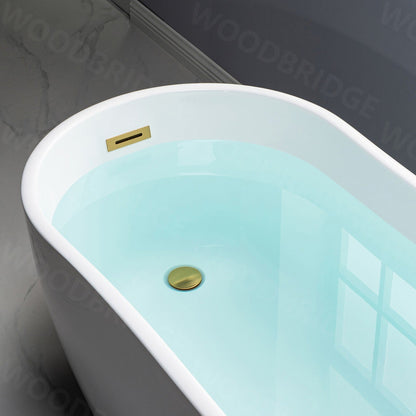 WoodBridge 59" White Acrylic Freestanding Soaking Bathtub With Brushed Gold Drain, Overflow, F0026BGRD Tub Filler and Caddy Tray