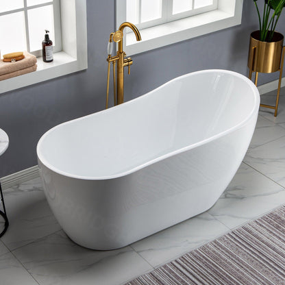 WoodBridge 59" White Acrylic Freestanding Soaking Bathtub With Brushed Gold Drain and Overflow