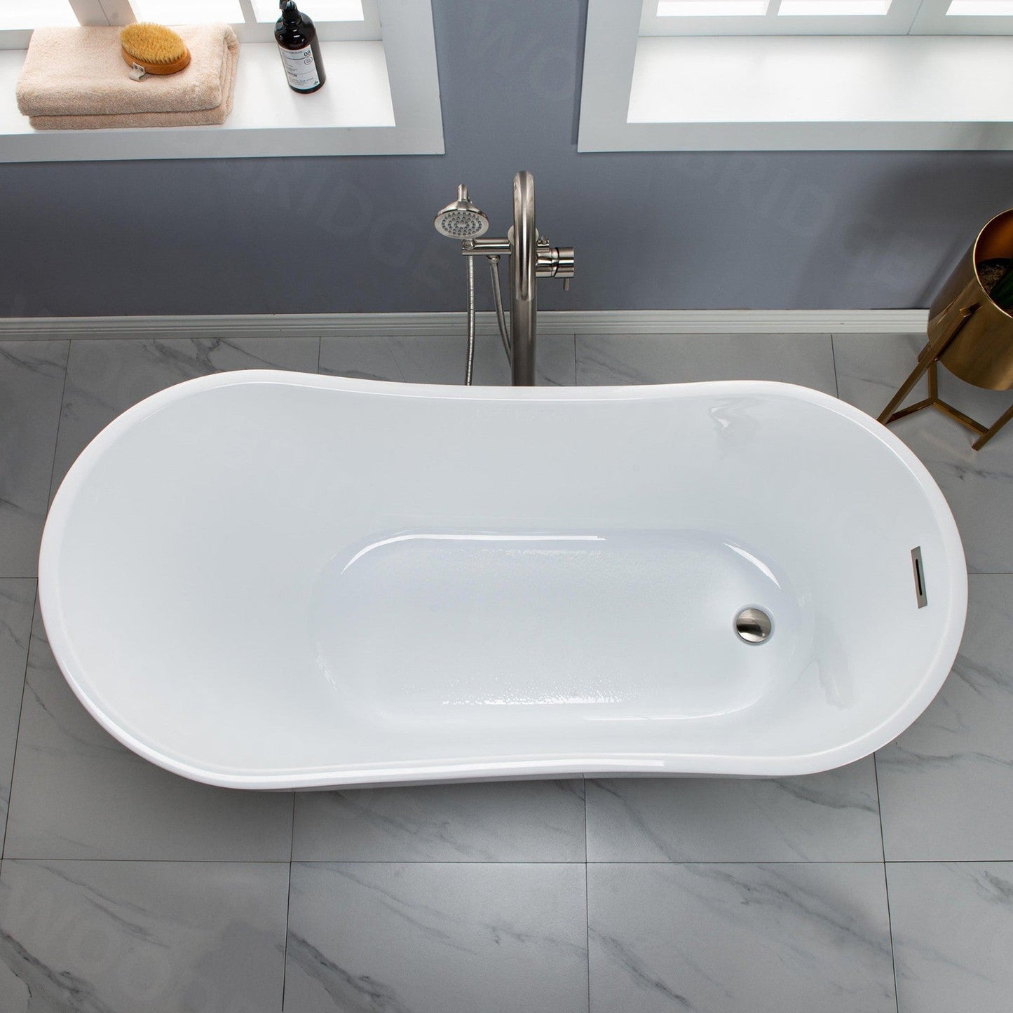 WoodBridge 59" White Acrylic Freestanding Soaking Bathtub With Brushed Nickel Drain, Overflow, F-0003 Tub Filler and Caddy Tray