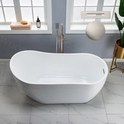 WoodBridge 59" White Acrylic Freestanding Soaking Bathtub With Brushed Nickel Drain, Overflow, F-0003 Tub Filler and Caddy Tray