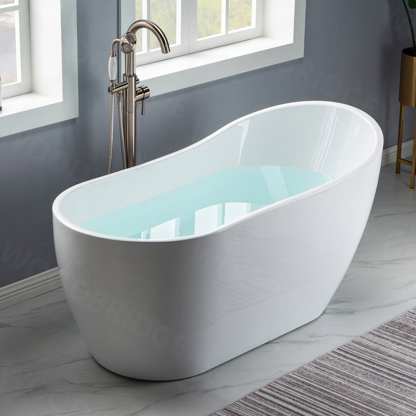 WoodBridge 59" White Acrylic Freestanding Soaking Bathtub With Brushed Nickel Drain, Overflow, F-0003 Tub Filler and Caddy Tray