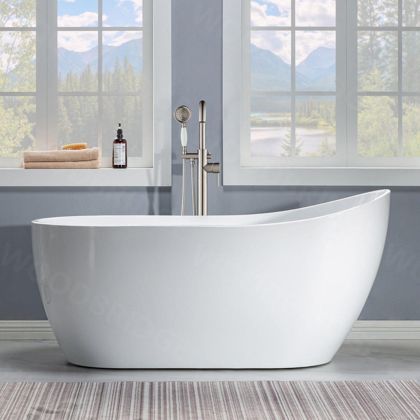 WoodBridge 59" White Acrylic Freestanding Soaking Bathtub With Brushed Nickel Drain, Overflow, F-0003 Tub Filler and Caddy Tray