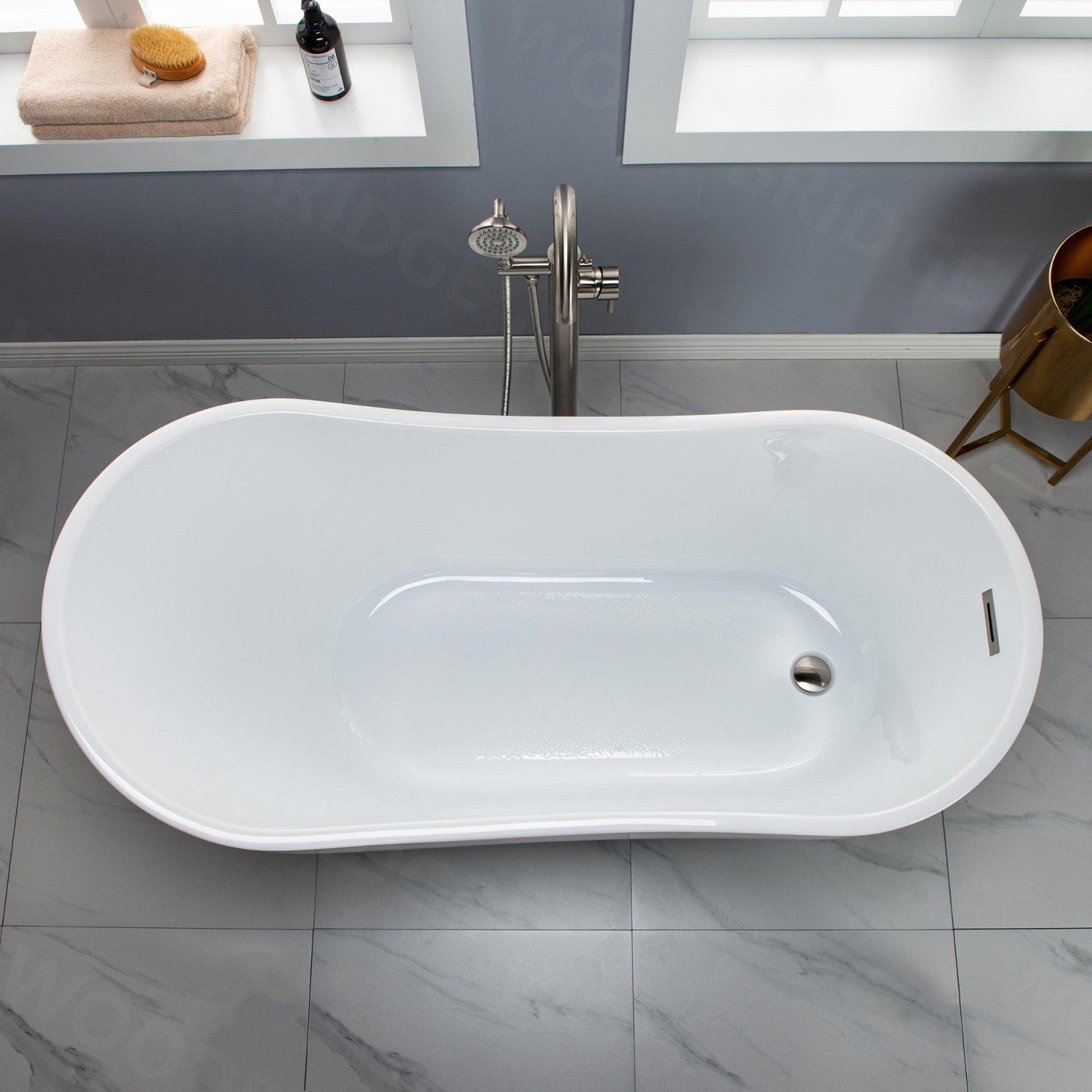 WoodBridge 59" White Acrylic Freestanding Soaking Bathtub With Brushed Nickel Drain, Overflow, F-0014-BN Tub Filler and Caddy Tray