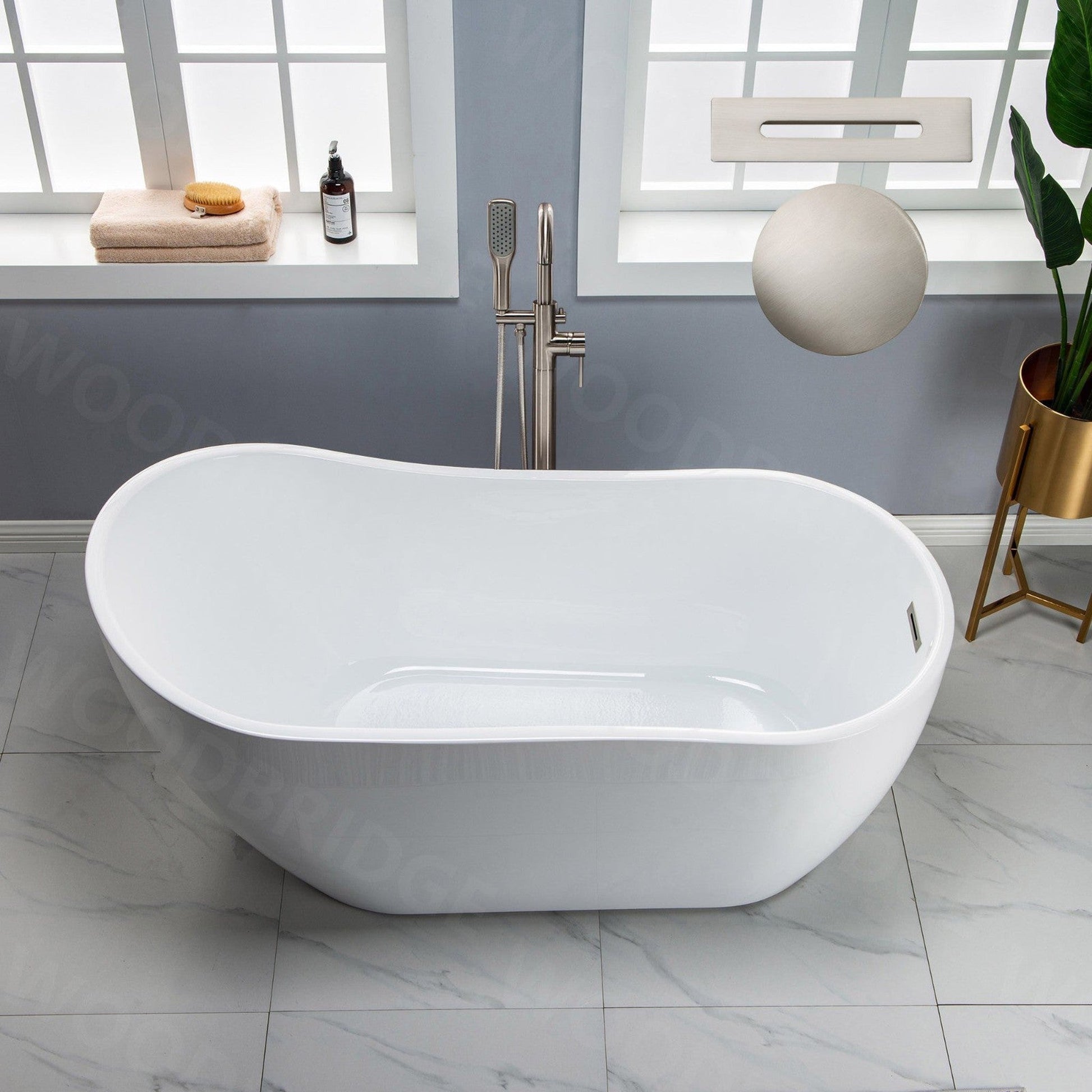 WoodBridge 59" White Acrylic Freestanding Soaking Bathtub With Brushed Nickel Drain, Overflow, F-0014-BN Tub Filler and Caddy Tray