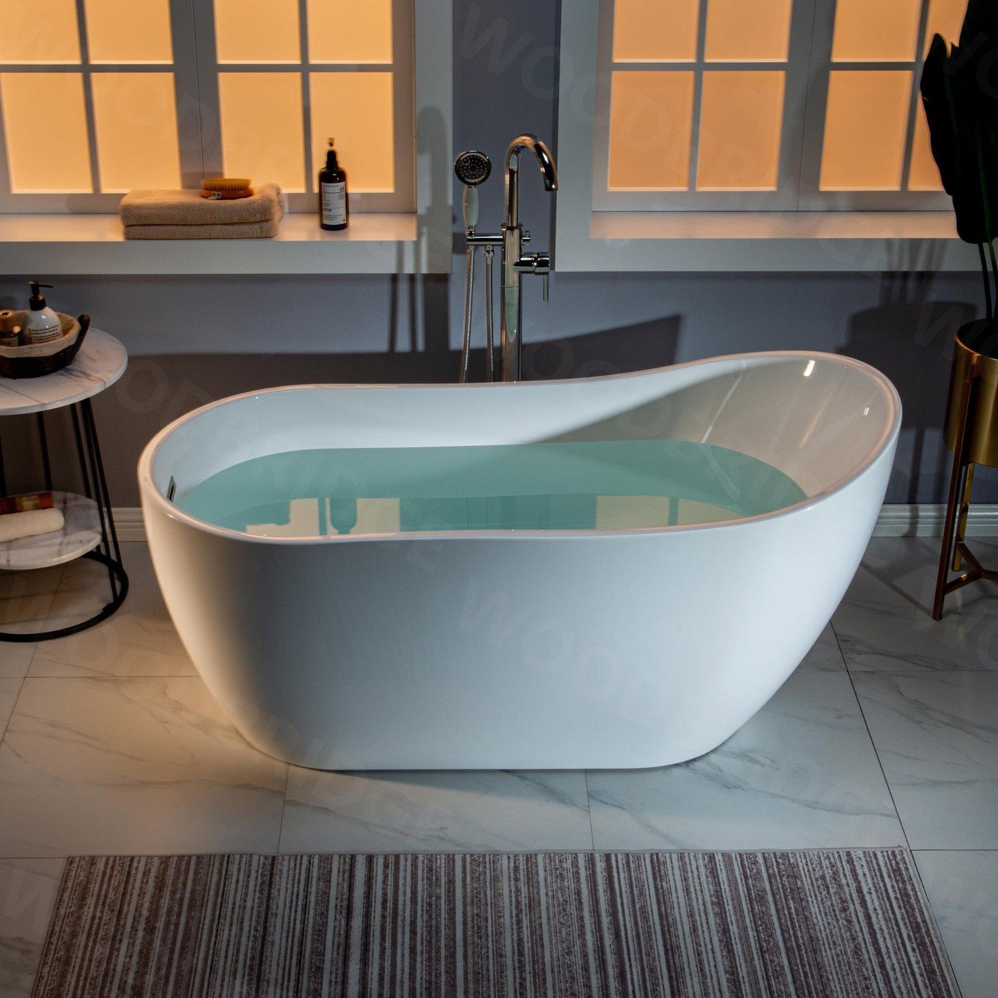 WoodBridge 59" White Acrylic Freestanding Soaking Bathtub With Brushed Nickel Drain, Overflow, F0040BN Tub Filler and Caddy Tray