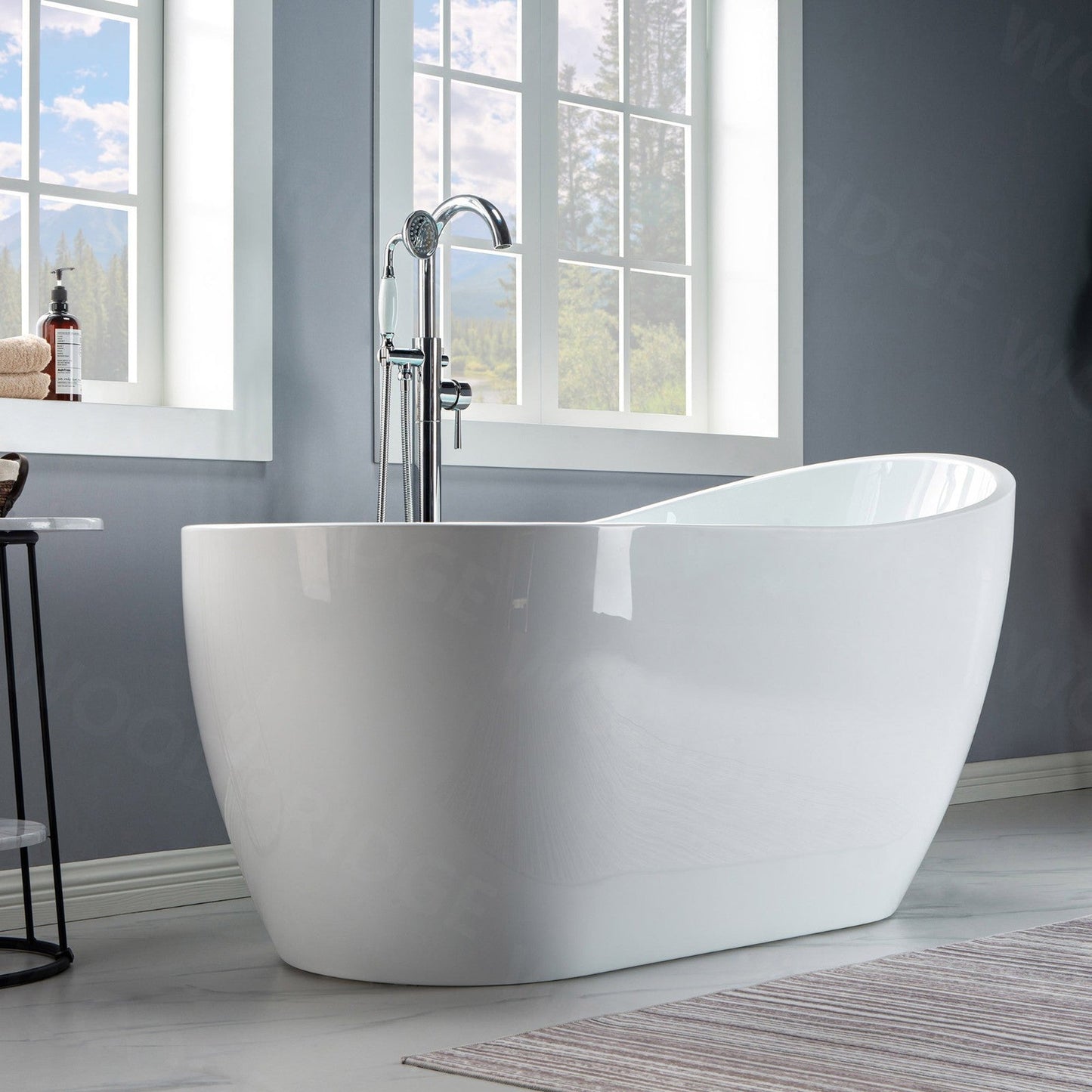 WoodBridge 59" White Acrylic Freestanding Soaking Bathtub With Brushed Nickel Drain and Overflow