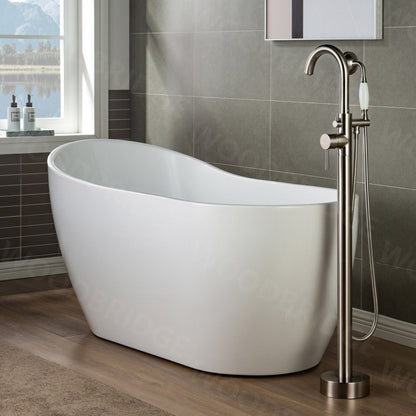 WoodBridge 59" White Acrylic Freestanding Soaking Bathtub With Brushed Nickel Drain and Overflow