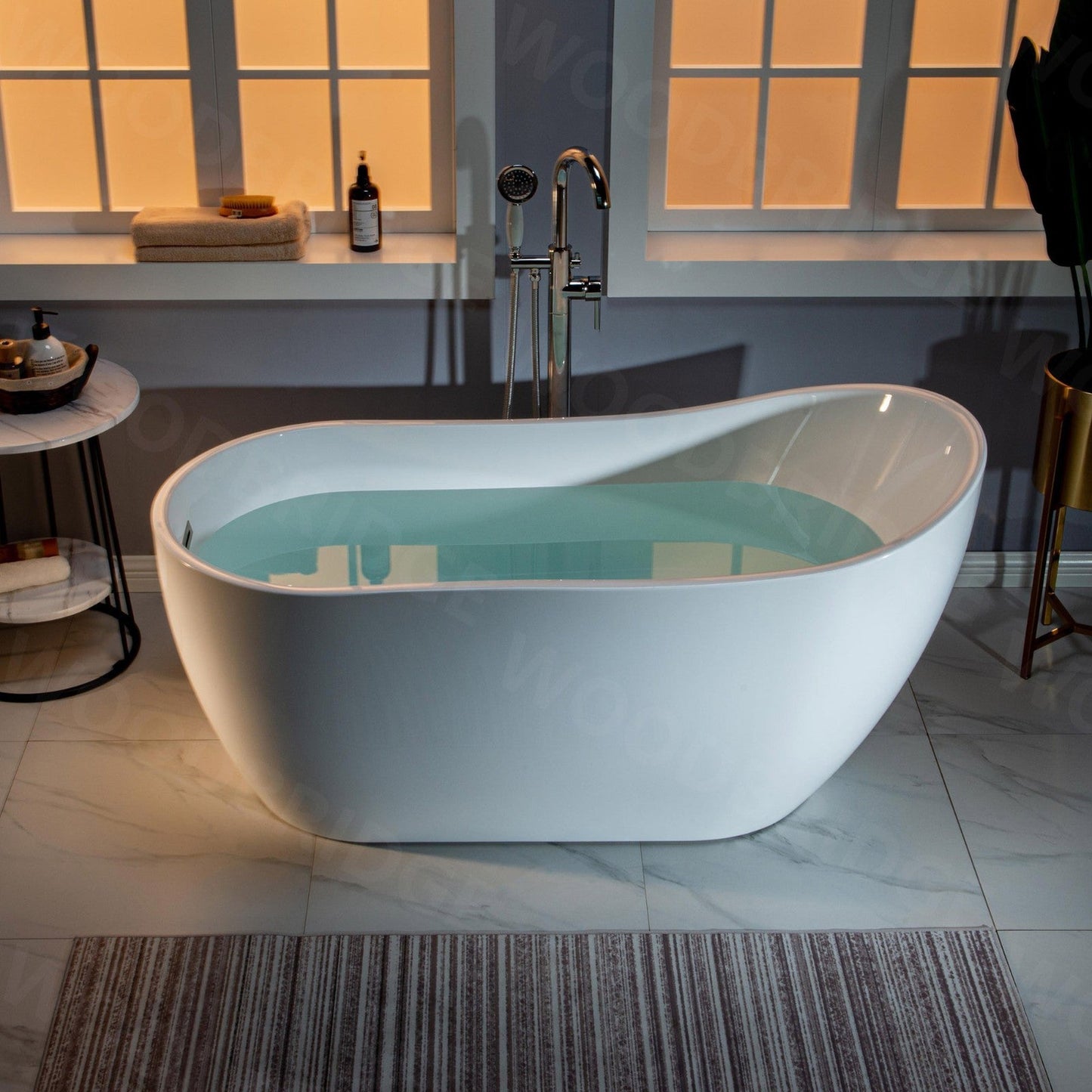 WoodBridge 59" White Acrylic Freestanding Soaking Bathtub With Brushed Nickel Drain and Overflow