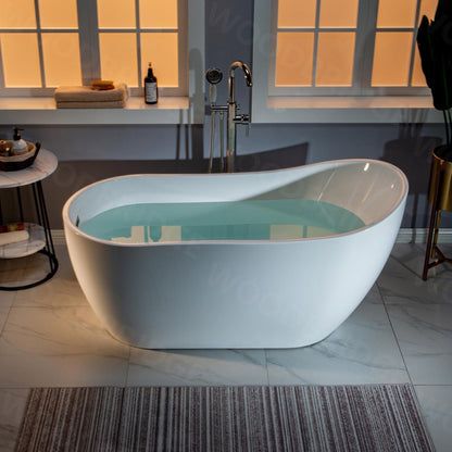 WoodBridge 59" White Acrylic Freestanding Soaking Bathtub With Brushed Nickel Drain and Overflow