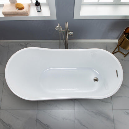 WoodBridge 59" White Acrylic Freestanding Soaking Bathtub With Brushed Nickel Drain and Overflow