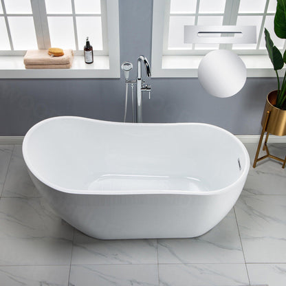 WoodBridge 59" White Acrylic Freestanding Soaking Bathtub With Chrome Drain, Overflow, F-0004 Tub Filler and Caddy Tray