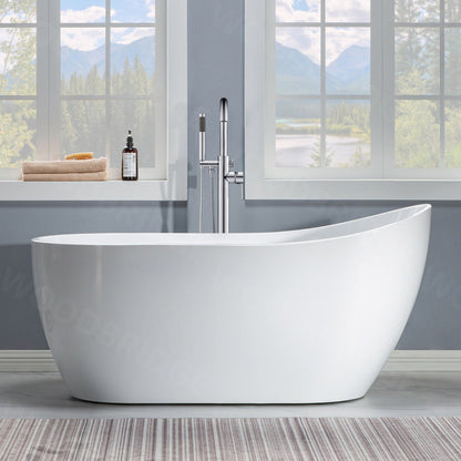 WoodBridge 59" White Acrylic Freestanding Soaking Bathtub With Chrome Drain, Overflow, F-0004 Tub Filler and Caddy Tray