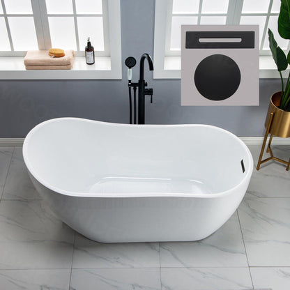 WoodBridge 59" White Acrylic Freestanding Soaking Bathtub With Matte Black Drain, Overflow, F0006MBRD Tub Filler and Caddy Tray