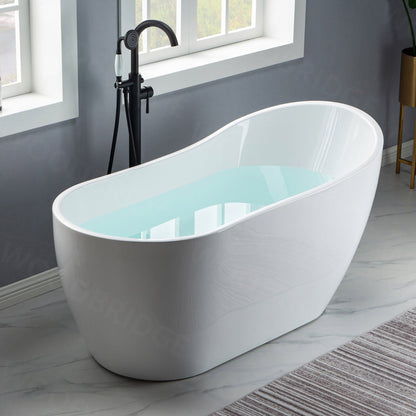 WoodBridge 59" White Acrylic Freestanding Soaking Bathtub With Matte Black Drain, Overflow, F0006MBRD Tub Filler and Caddy Tray