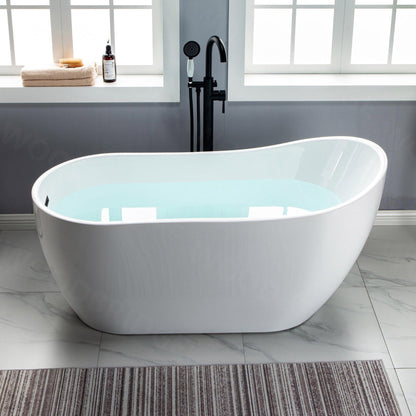 WoodBridge 59" White Acrylic Freestanding Soaking Bathtub With Matte Black Drain, Overflow, F0006MBRD Tub Filler and Caddy Tray