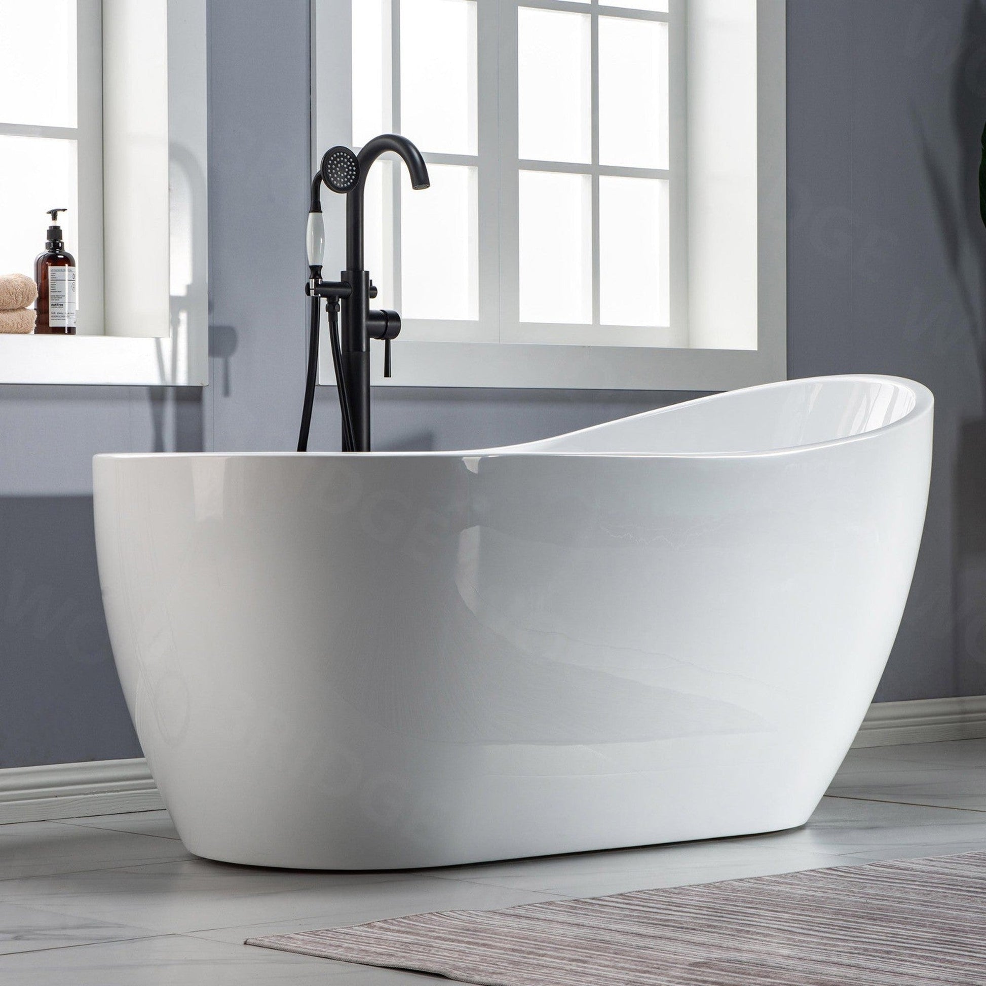 WoodBridge 59" White Acrylic Freestanding Soaking Bathtub With Matte Black Drain, Overflow, F0006MBRD Tub Filler and Caddy Tray